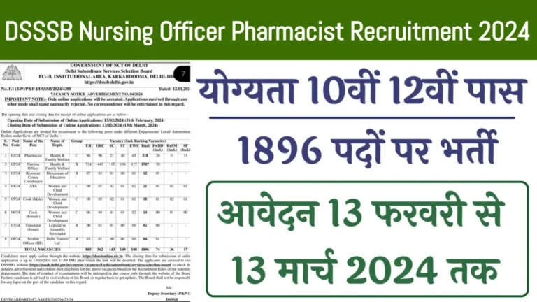 DSSSB Nursing Officer Pharmacist Recruitment 2024